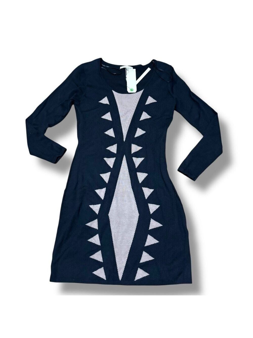 NWT Young Threads New York City Taupe Black Geometric Mini Sweater Dress Medium